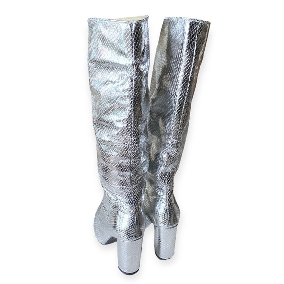 Silver Metallic Crocodile Slouchy Knee High Boot 3.5” Heel Women’…Pointed Toe - Picture 3 of 16